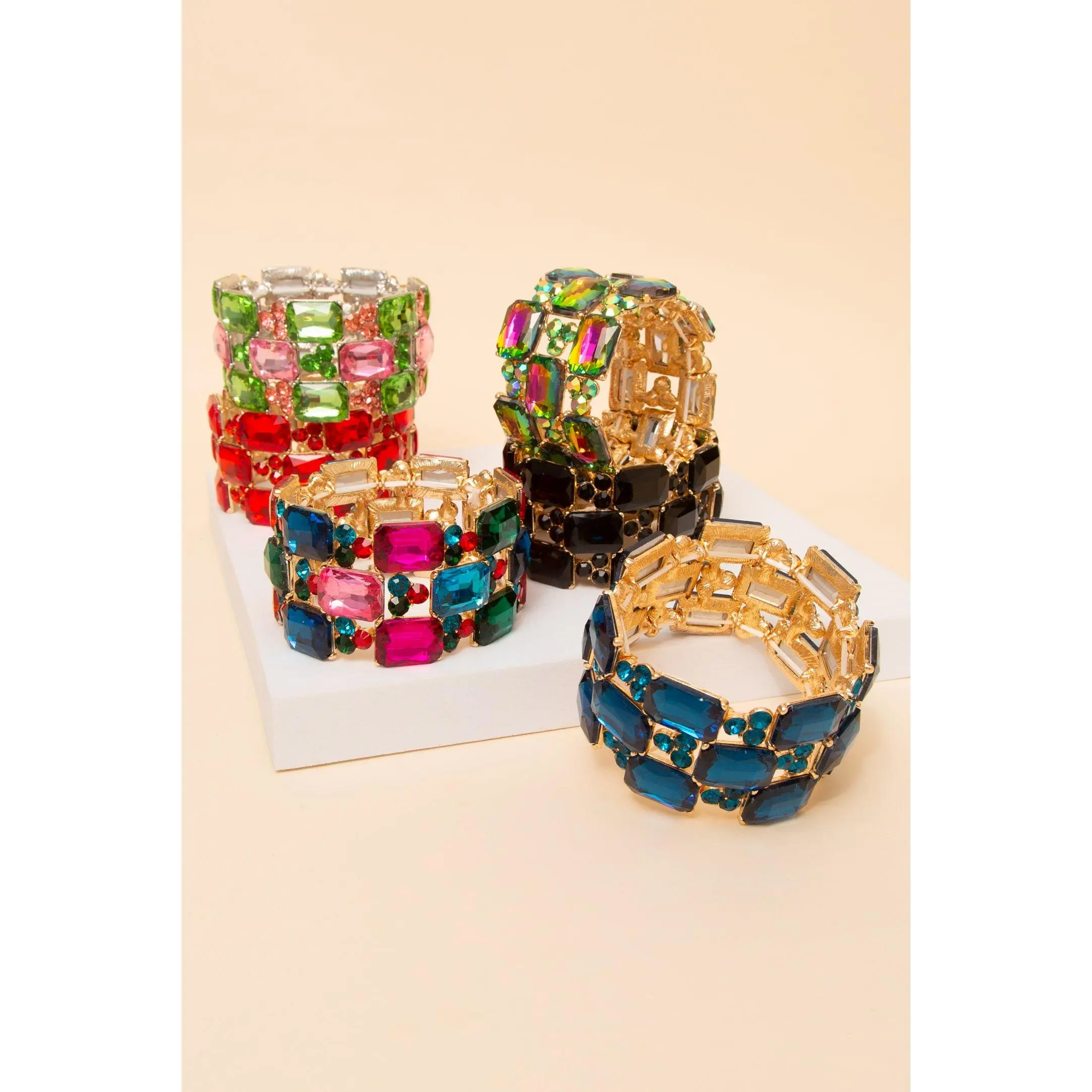 Camila 3-Row Rectangle Cut Crystal Gem Cluster Bracelet