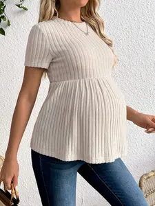 SHEIN Maternity Solid Color Round Neck Short Sleeve Casual Tops