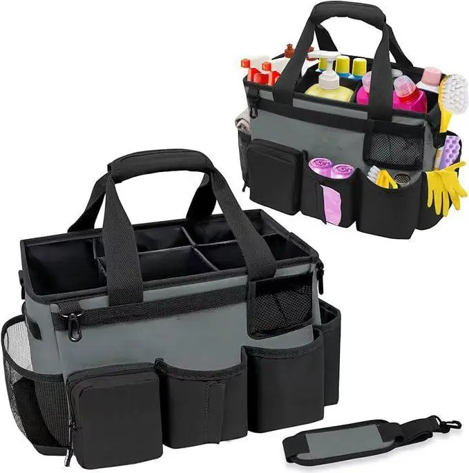 Wearable Cleaning Caddy Bag, Large Cleaning Supplies Organizer with 4 Foldable Dividers, Caddy Organizer with Handle & Shoulder Strap & Housekeepers,Grey