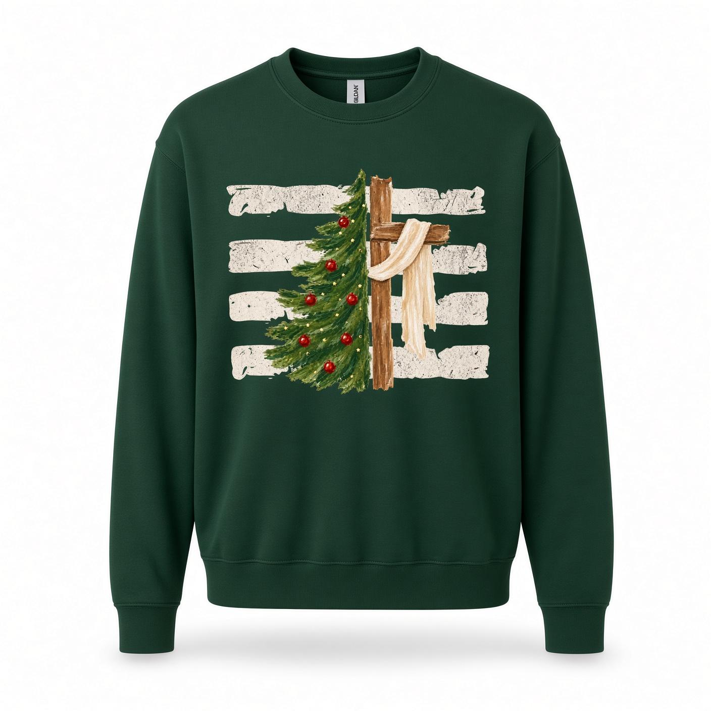 Cross Christmas Tree Sweatshirt Christian Holiday Crewneck, Faith Gift Religious Xmas Sweater, Church Youth Group Pullover, Christmas Gift for Christians