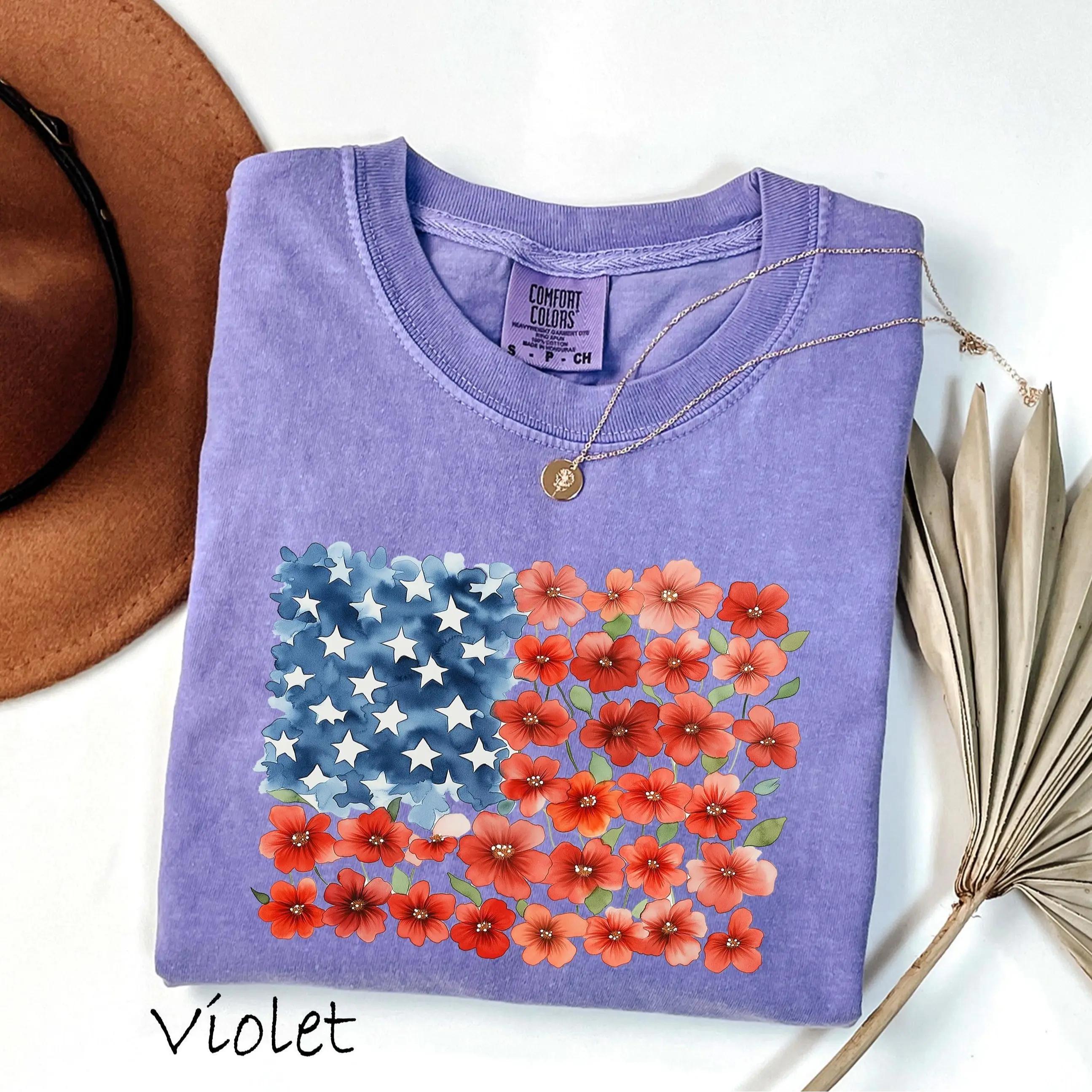 Comfort Colors Floral USA Flag T-Shirt, Floral American Flag Shirt, Womens USA Shirt, Patriotic Gift, 4th of July Sweatshirt, Patriotic Tee