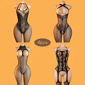 Elegant 4pcs sexy lingerie set Women's Black Pantyhose Flower Hollow Transparent High Elasticity Tight Fitting Jumpsuit Basic Womenswear Love 4 Pieces Bodysuits Underwear fishnet floral Lace Splicing Lingerie Set Christmas Teddy seductive clothing