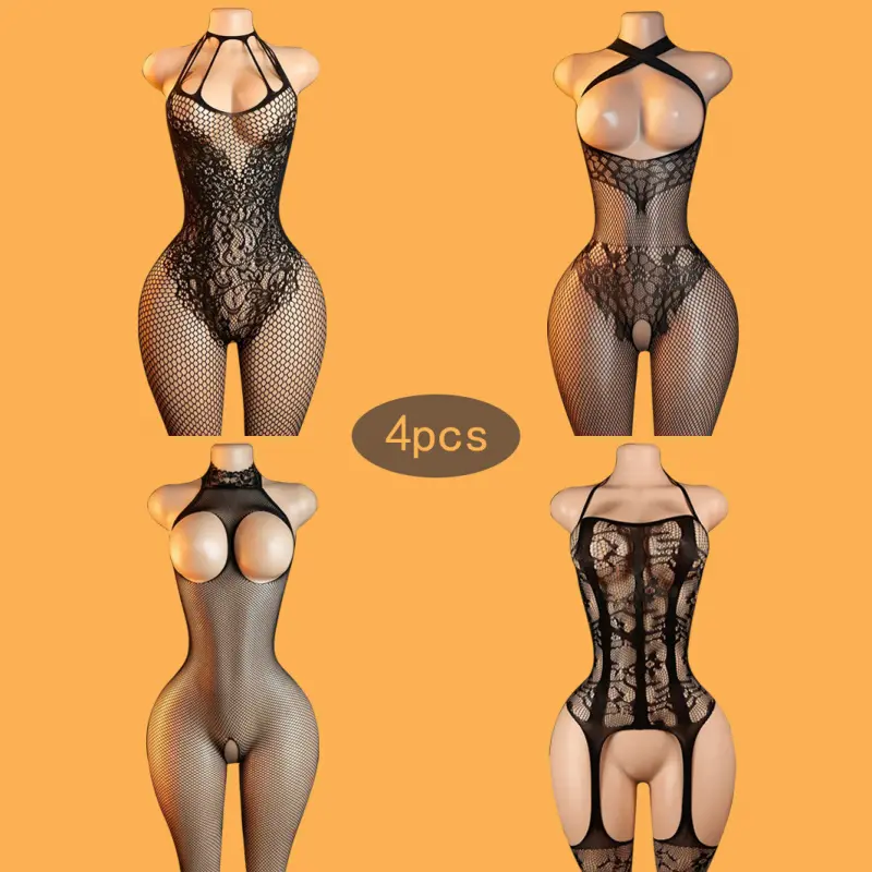 Women's 4-Piece Luxury Teddy Lingerie & Bodysuits Set - Black, Flower Hollow Transparent High-Elasticity Tight-Fitting Jumpsuit Underwear, Fishnet Floral Lace Splicing, Fashionable Bodysuits, Lingerie Lace Babydoll, Style Outfits, Christmas Seductive Wear