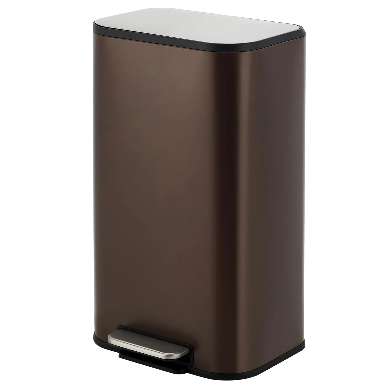 Garvee 8 Gallon Stainless Steel Kitchen Trash Can with Soft-Close Lid, Rectangular Design, Step-On Pedal, and Inner Bucket for Home, Office, Bathroom, and Living Room Use in Brown