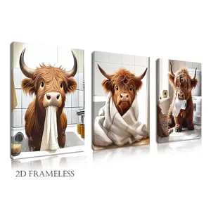 3-Piece Set, Fun Highland Cow Bathroom Wall Art, Cute Brown Cow Wall Mural, Rustic and Humorous Farmhouse Animal Canvas Print, Cute Cow Pattern, Perfect for Bathrooms, Washrooms, and Toilets, Frameless, Decor, Unframed Wall Art