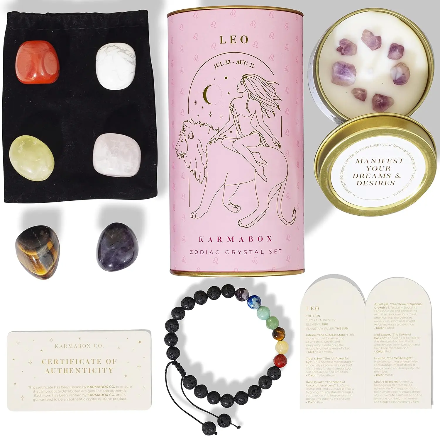 LEO Zodiac Crystal Set - Healing Stones & Tumbled Crystals Gift Box - Astrology Gifts for Women, Spiritual Birthday Gifts, Horoscope Manifestation Kit with Healing Bracelet, Stones for Meditation, Wellness & Energy Balancing, Unique Celestial