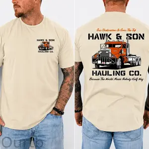 Hawk And Son Hauling Co Semi Truck T-Shirt, Trucking Company Graphic Tee With Orange Big Rig Back Print, Front Chest Hauling Logo Shirt, Trucker