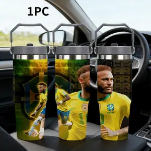 1pc 30oz Brazil Team Neymar 10 World Cup Theme Water Bottle, Stainless Steel Double Wall Insulated Mug, Leak-Proof Travel Cup, Non-Slip Base