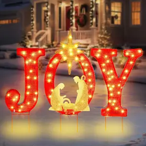 Christmas Joy Yard Decoration 90 LED Lighted Outdoor Nativity Set 33inch Lawn Religious Scene Decor with Timer 8 Lighting Modes for Patio Garden Xmas Party Home Ground Stakes Red/Golden