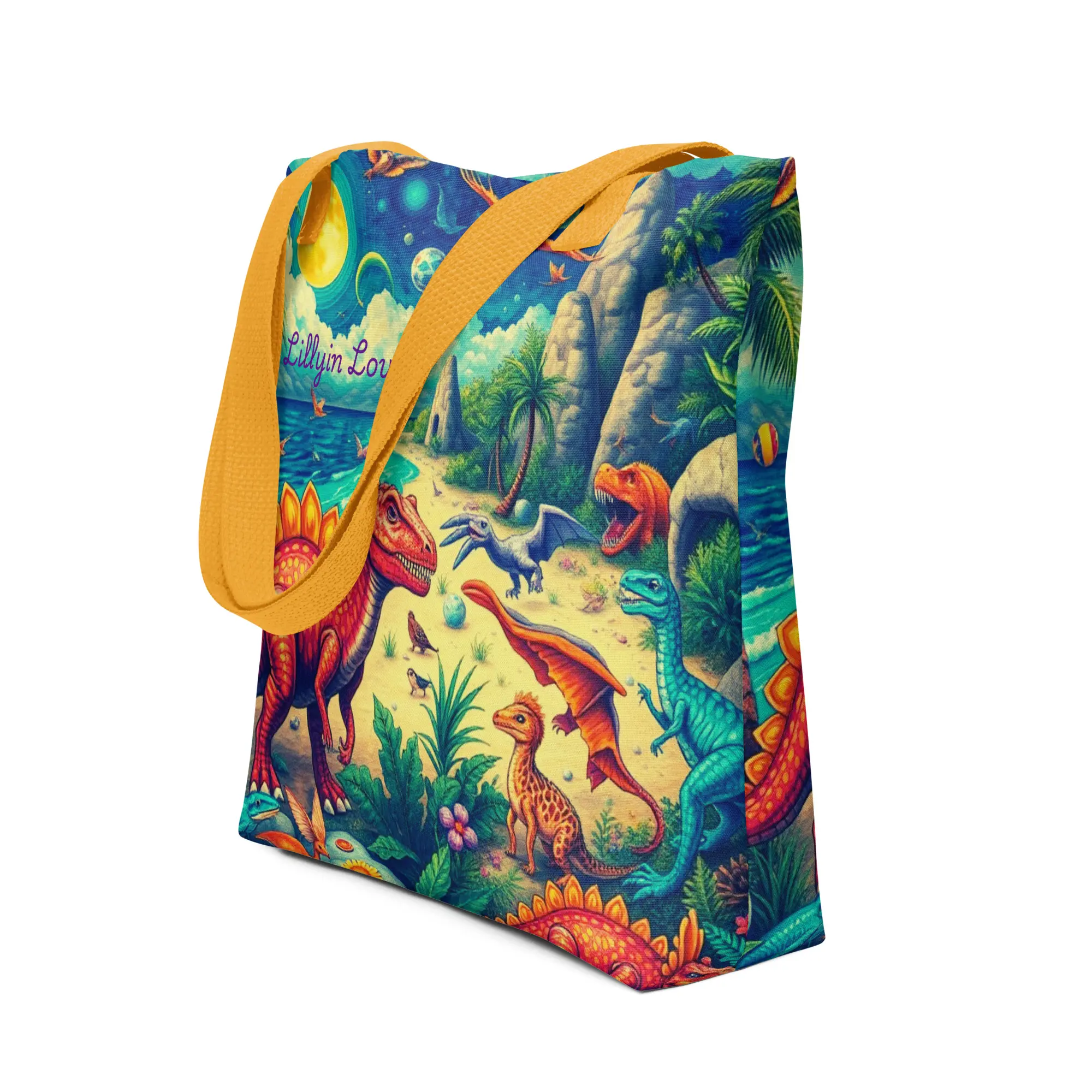 Lillyin Love® Dinosaur Eco-Friendly Canvas Tote Bag with Durable Yellow Cotton Handles Large 15" x 15" for Everyday Use Work Travel or Daily Activities