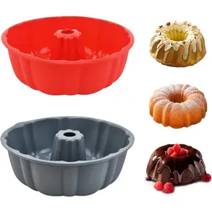 2 Pack  Bundt Cake Pan Nonstick,10 Inch,  Cake Molds,Pound Cake Pan, Baking for Jello,Gelatin,Cake,Brownie and Bread (Red+Grey)