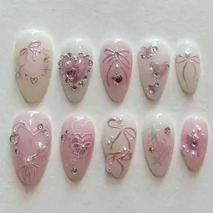 Almond Press On Nails Medium Fake Nails Heart Rhinestone With Bow Star Design Pink False Nails White Acrylic Nails Full Cover Artificial Glossy Glue On Nail Stick On Nail For Women 24pcs