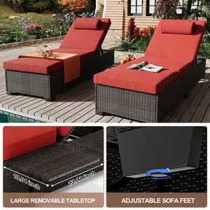 2 Piece Outdoor PE Wicker Chaise Lounge Chairs, Adjustable Back Pool Lounge Recliners, UV Resistant Rattan Patio Chaise Lounger Set with Cushion & Side Storage
