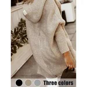 Women's Plain Chunky Open Front Hooded Knitted Cardigan, Casual Batwing Sleeve Cardigan Outfits, Women Knitwear for Fall & Winter, Womenswear