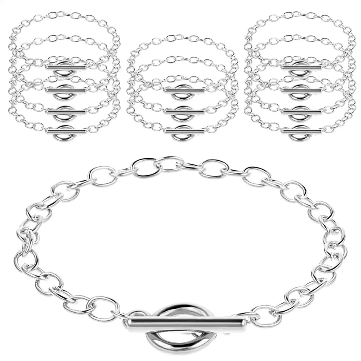 High Quality DIY Charm Bracelet Making Supplies - 12 Pcs Silver 19cm/7.48inch Alloy OT Toggle Clasp Round Links Chains, Easy to Carry Accessories for Women's Exquisite Trendy Bracelets Stack & Layered Set