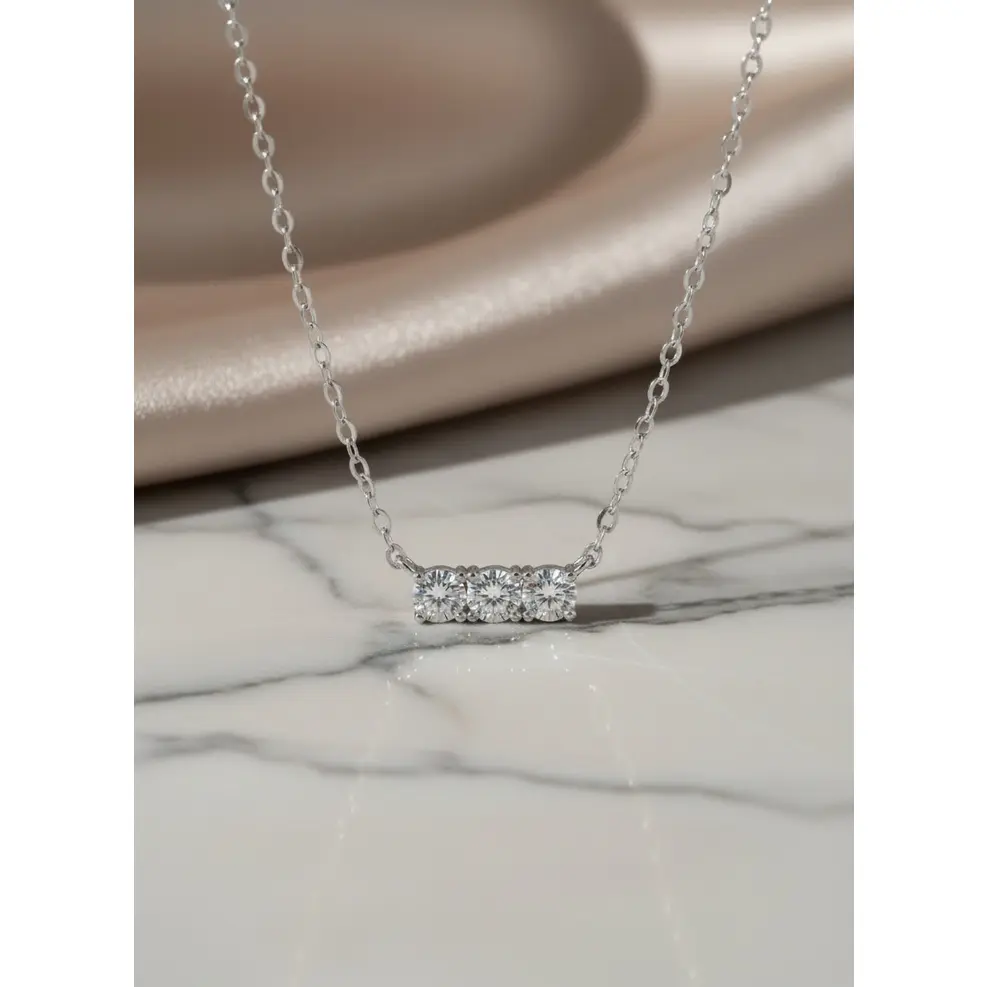 Triple Moissanite Diamond Necklace • 14K Gold Vermeil • Minimalist Dainty Bar Necklace • 3-Stone Pendant for Bridal, Layering & Daily Wear