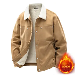 Men's Brown Shearling-Lined Work Jacket - Button Closure, Winter Warmth Coat, Everyday Retro Casual Style