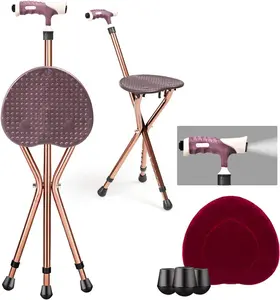 COSTWAY Walking Cane with Seat, Heavy Duty Aluminum Alloy Crutch Chair with LED Light and Retractable 3 Legs, Portable Anti-Slip Seat Cane, Lightweight Walking Stick for Seniors Elderly