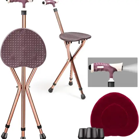 COSTWAY Walking Cane with Seat, Heavy Duty Aluminum Alloy Crutch Chair with LED Light and Retractable 3 Legs, Portable Anti-Slip Seat Cane, Lightweight Walking Stick for Seniors Elderly