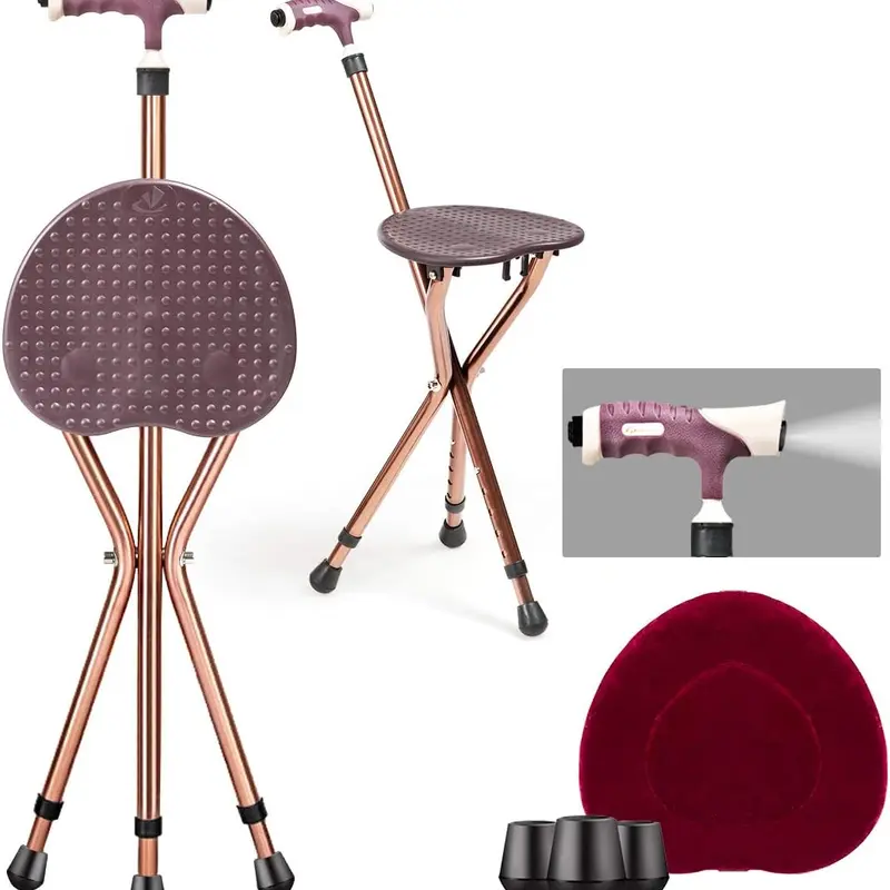 COSTWAY Walking Cane with Seat, Heavy Duty Aluminum Alloy Crutch Chair with LED Light and Retractable 3 Legs, Portable Anti-Slip Seat Cane, Lightweight Walking Stick for Seniors Elderly