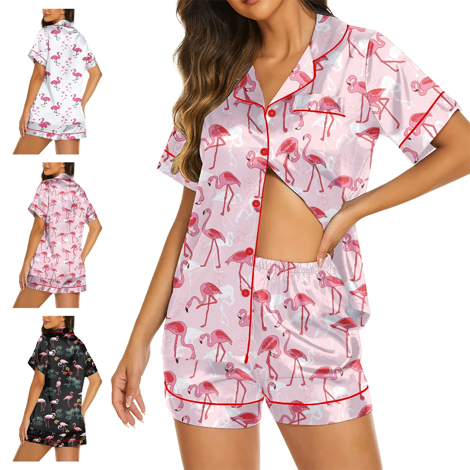 Women's Flamingo Print Satin 2-Piece Pajama Set - Collared Neck Short-Sleeve Button-Down Top, Above the Knee Shorts, Soft Lightweight Nightwear Loungewear, Ideal Gift, Perfect Gift, Retro Look, Knee Above, Xl