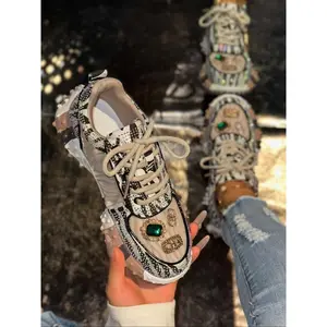 Women’s New Diamond Dad Sneakers, Colorblock Snake Pattern Thick Sole Sports Shoes, Cool-Personality Rhinestone Height-Increasing Casual Shoes, Thick-Soled Sneakers