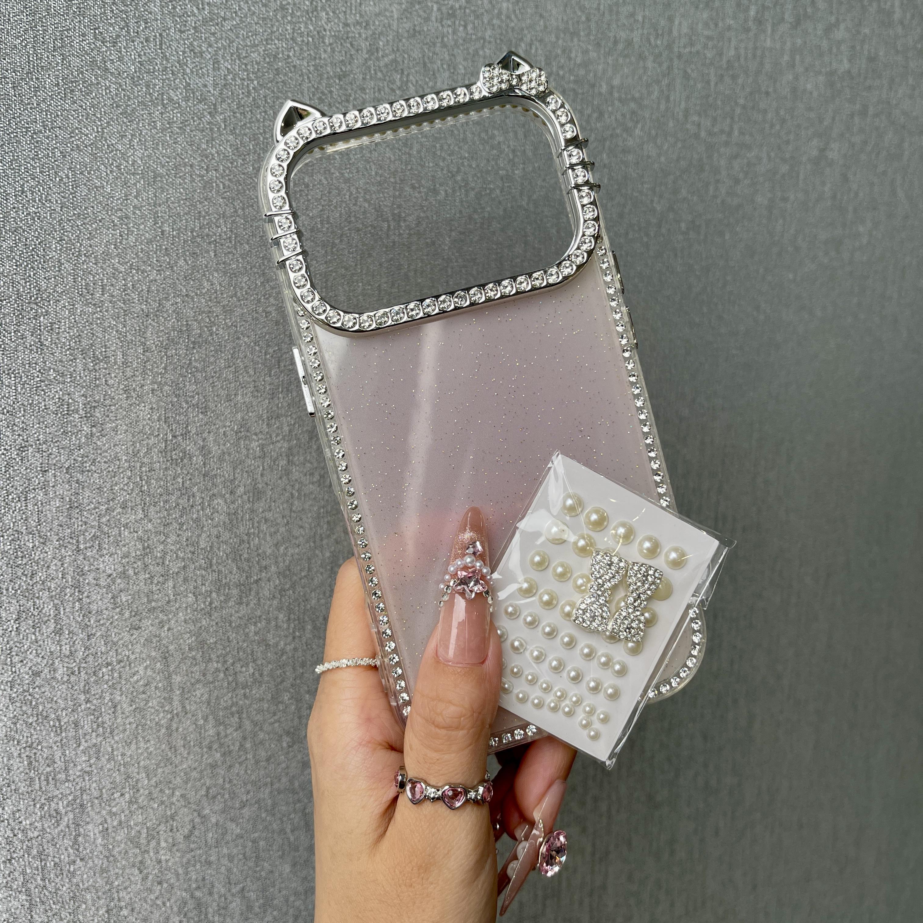 DIY Glitter Clear Phone Case with Pearl & Rhinestone Bow Charms, Bling Cat Ear Diamond Frame Customizable Protective Cover for IP 17 Pro max, 16plus, 15, 14, 13 junk