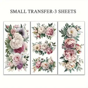 3pcs UV DTF Floral Furniture Stickers, Rose Peony Wood Grain Transfer Decals, Home Decor, Easy Peel & Stick Design, Wooden Surface Adhesive, Floral Pattern Sticker