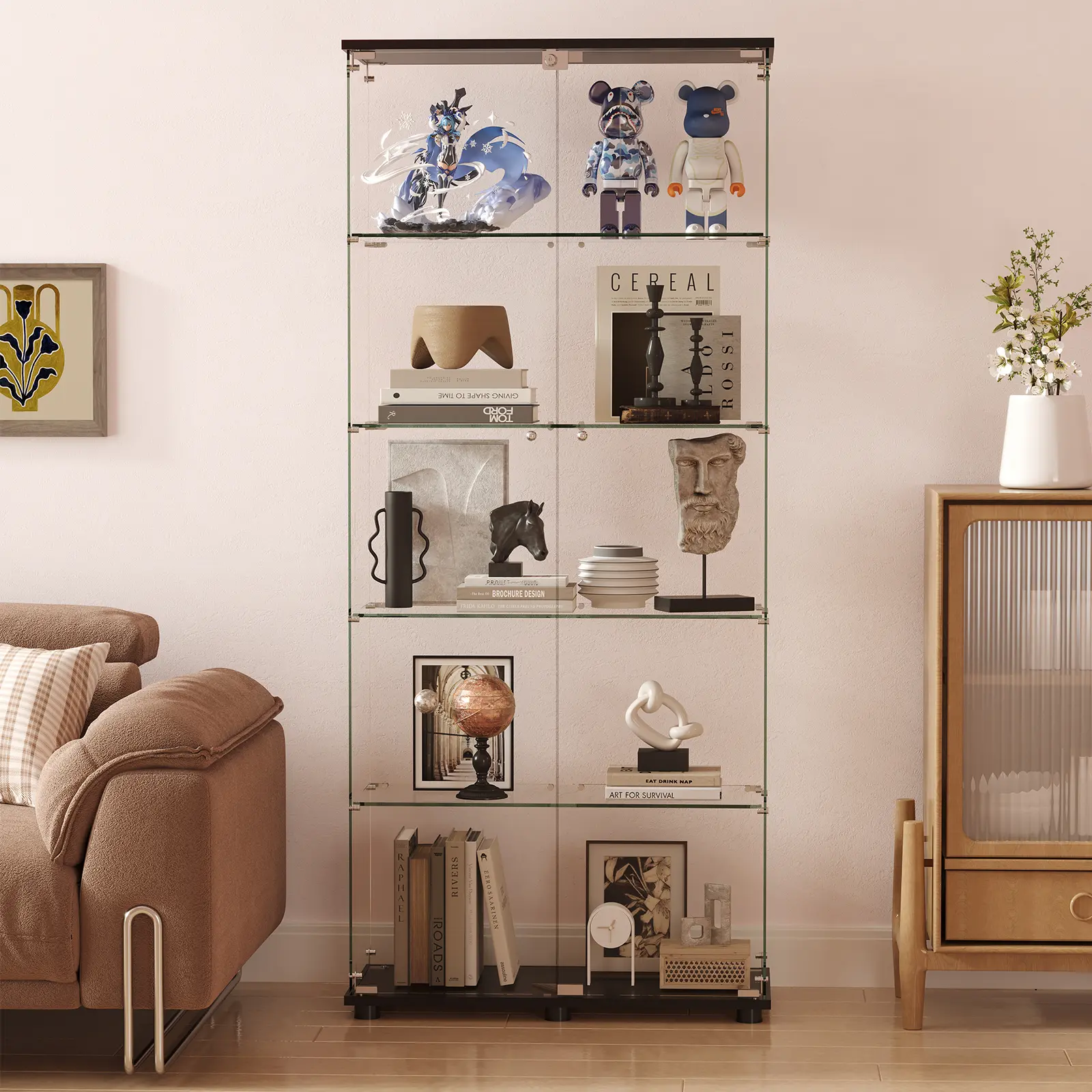 Bellemave Floor-Standing Modern Glass Display Cabinet - 5mm Tempered Glass Doors, Double Lockable Design, Transparent View, Easy Setup - for Living Room, Entryway Storage, Modern Storage, Entryway Storage Cabinets, Modern Storage Cabinets