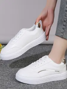 Women's White & Black Casual Sneakers Lace Up Flat Shoes with Metallic Heel Comfortable Daily Walking Shoes Sports Shoes