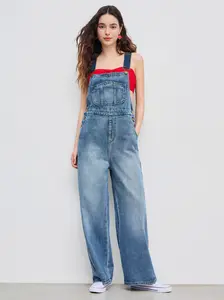 CIDER Denim Buckle Wide Leg Jumpsuit