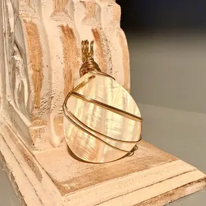 Mother of Pearl Pendant – Gold Wire Wrapped Statement Necklace