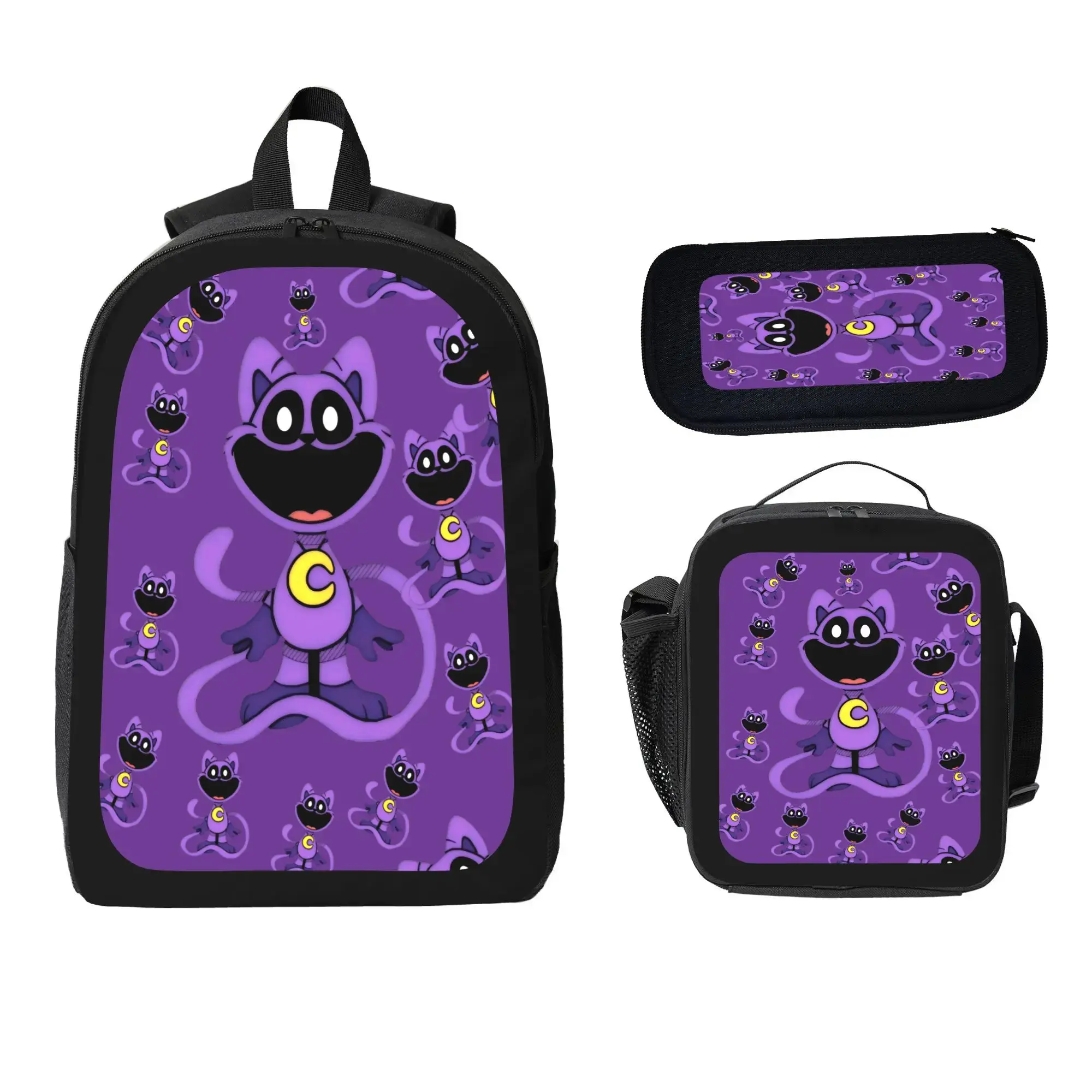 Poppy Playtime Theodore CatNap Inspired 3PCS Backpack Set, Cute Cartoon Character School Bag with Lunch Bag & Pencil Case, Large Capacity Laptop Backpack for Kids Teens, Fun Aesthetic School Supplies Gift