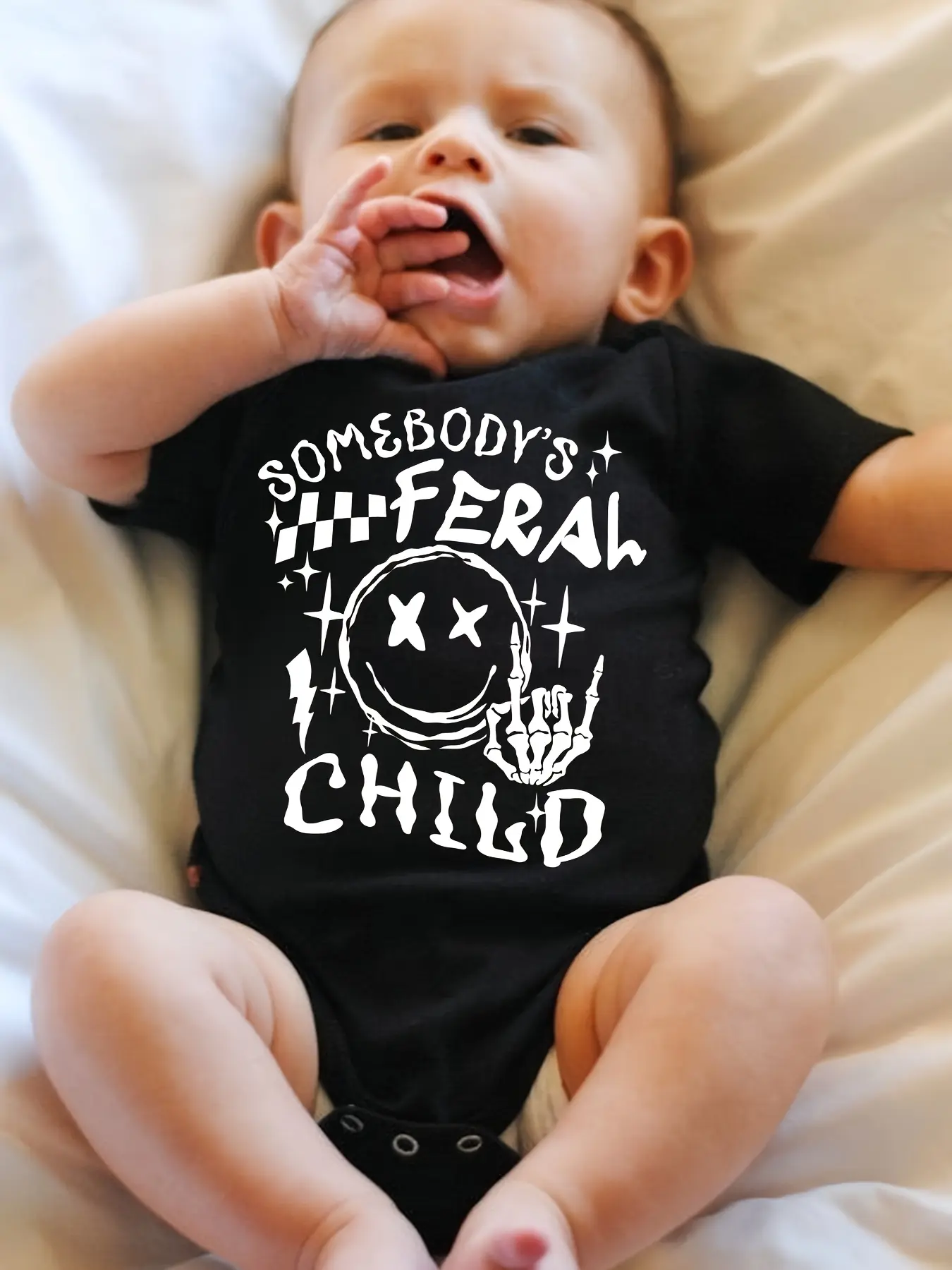 Somebody's Feral Child Retro Skeleton Baby Bodysuit, Rocker Short Sleeve Cotton Black Baby Onesie