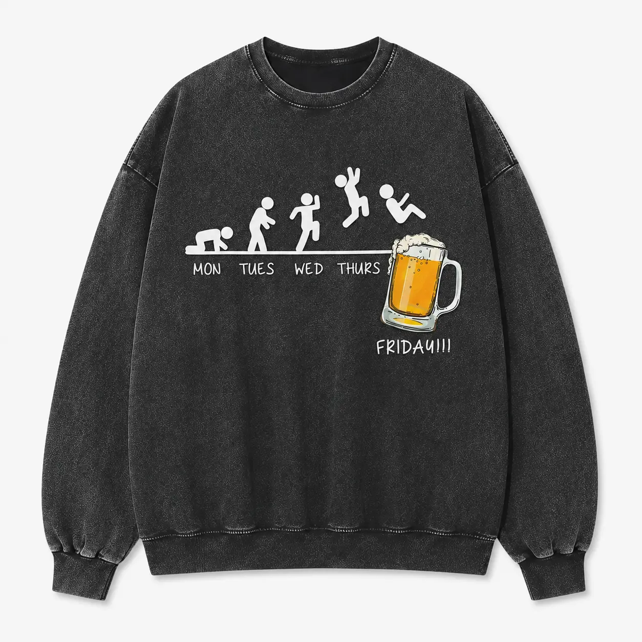 Friday Mood Washed Sweatshirt for Men Women, Black Crew Neck Long Sleeve Pullover, Funny Weekday Graphic Casual Weekend Top, Size S-5XL