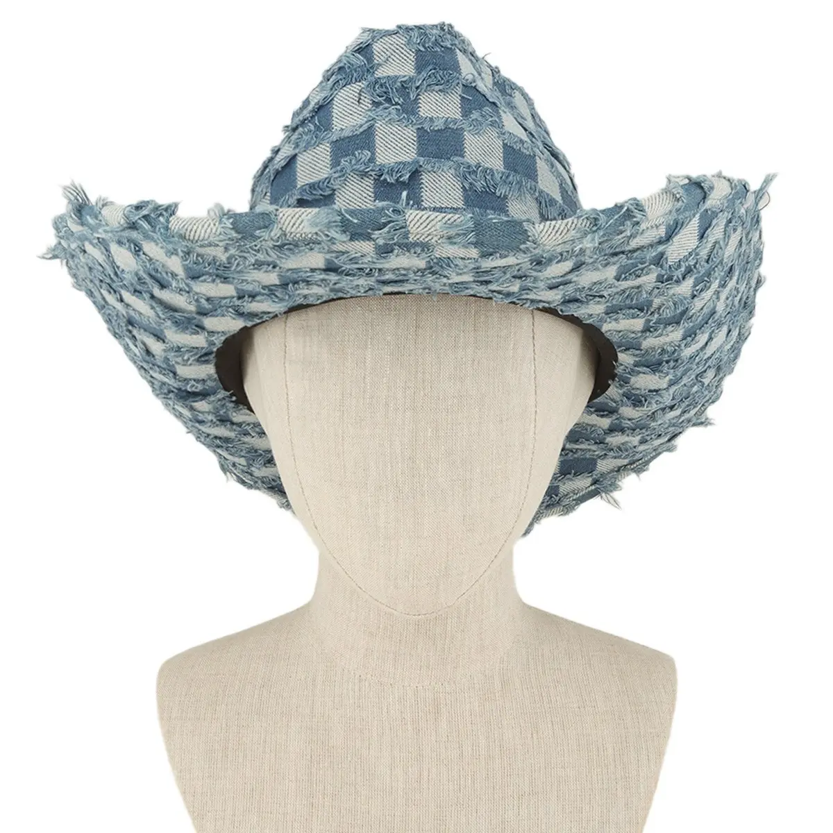 Checkered Fringe Denim Cowboy Hat