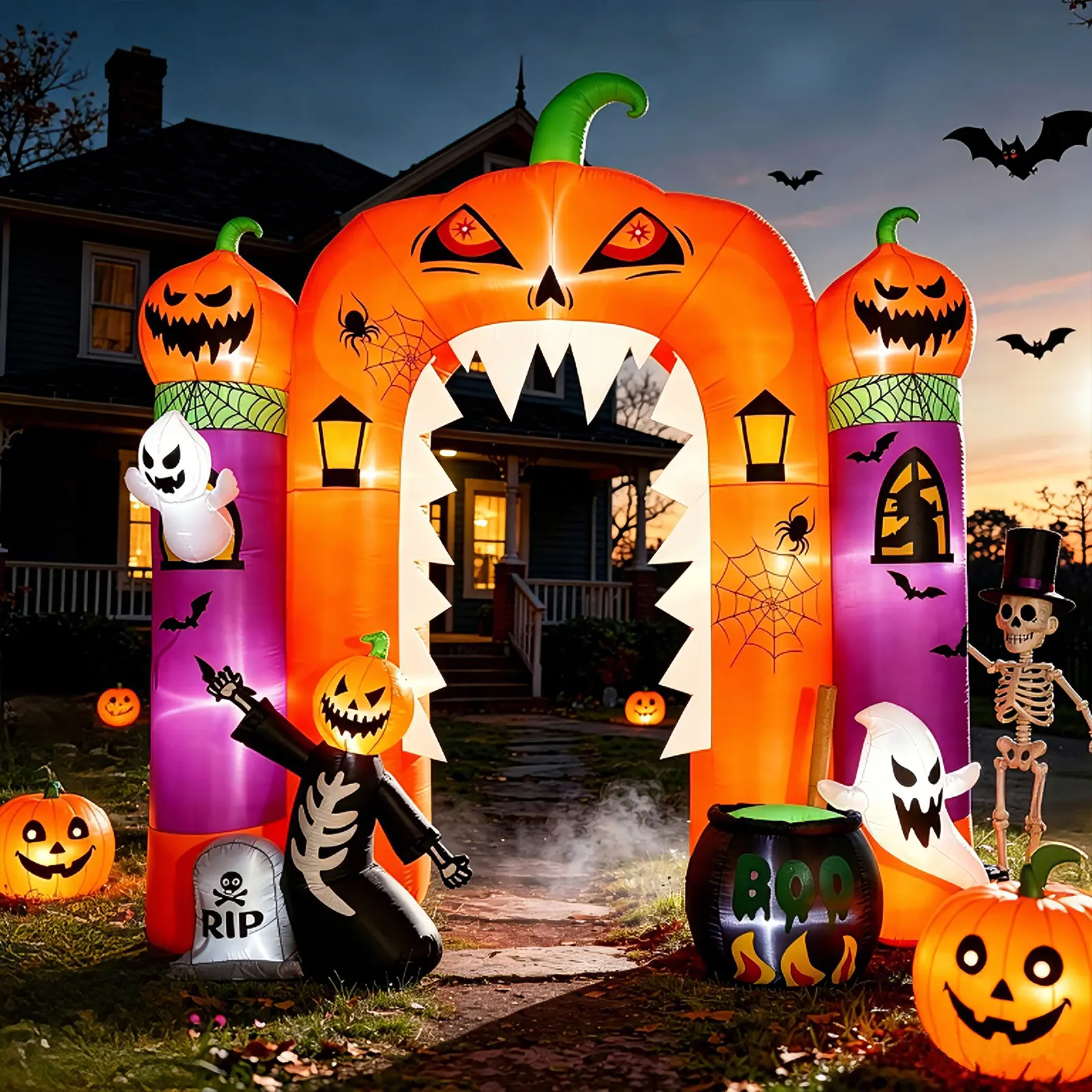 10FT Inflatable Halloween Pumpkin Archway with LED Lights, Ghost & Castle Theme, Outdoor Yard, Garden & Lawn Decor for Trick or Treat Parties