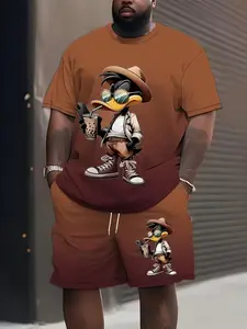 Men's Summer Casual Sportswear Set, Duck Print Short Sleeve Top & Drawstring Pants, Loose Fit Round Neck, Streetwear Tracksuit Set, Athleisure Wear Set, All Seasons