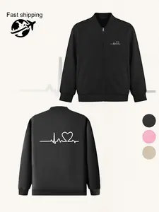 Women's Casual Fitted Jacket, Heart Graphic Design, Zipper Closure, Pockets, All Seasons Wear, Sizes S to Xxl, Ideal for Layering