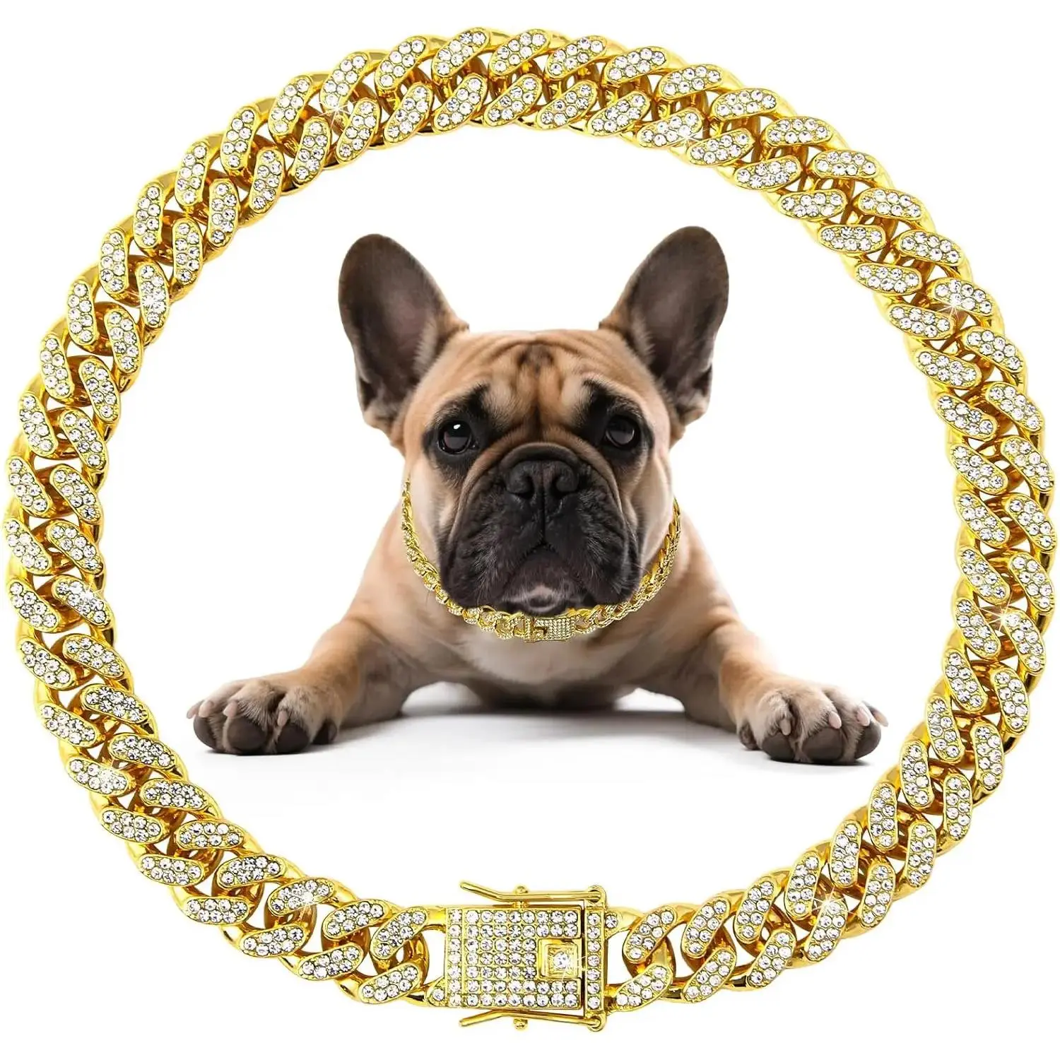 High-Polished Cuban Dog Collar - Zinc Alloy Chain, Secure Buckle, Diamond Mosaic Process Decor, Zirconia Accent, Elegant Lightweight Portable Pet Jewelry Accessory, Non-Adjustable, for Small-Medium-Large Dogs (Ideal for Birthdays, Christmas), High-Polishe