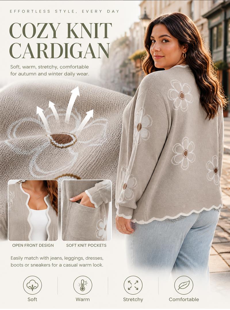 Eytino Womens Plus Size Floral Pattern Scallap Trim Open Front Drop Shoulder Cozy Sweater Cardigan (1X-5X) Eytino Womens Plus Size Floral Pattern Scallap Trim Open Front Drop Shoulder Cozy Sweater Cardigan (1X-5X)