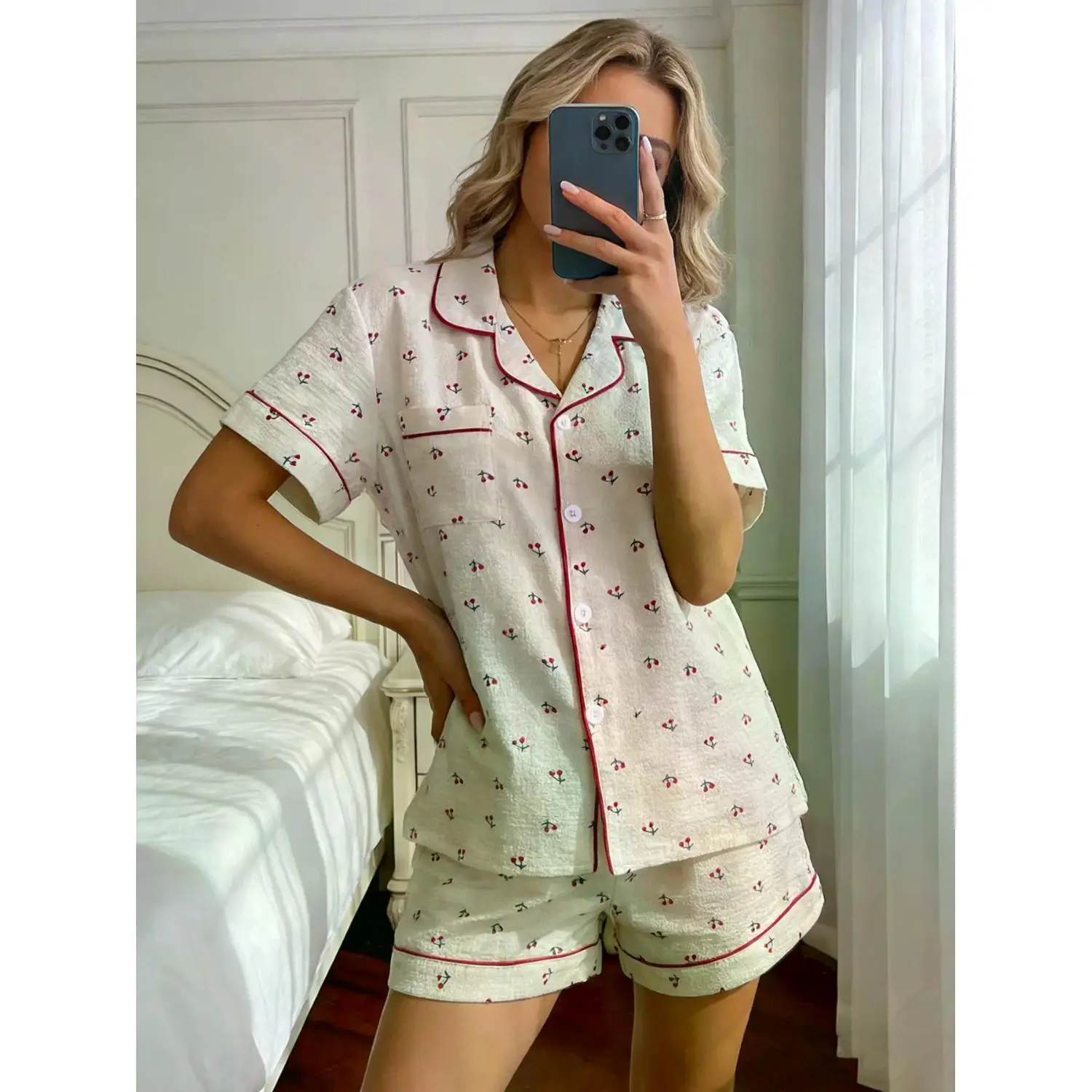 Adorable Cherry Print Women's Two-Piece Pajama Set, Short Sleeve Cardigan and Shorts, Comfortable All-Season Loungewear