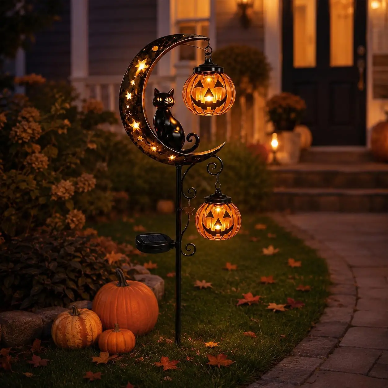 Halloween Outdoor Solar Lights - Black Cat Pumpkin Garden Stakes with Warm LED Lanterns, Weatherproof Front Porch Decorations