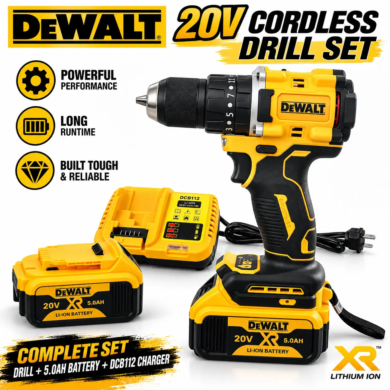 DEWALT 20V Cordless Drill Kit, Powerful Drilling & Screwdriving, Durable Metal Chuck & Rugged Housing, Adjustable Torque, Rechargeable Battery Power, Power Drill, DIY Tools, Home Repair, Woodworking & Workshop