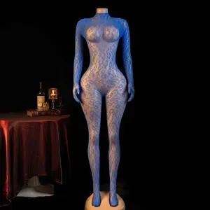 Eclat Noir Wild Allure Full Body Fishnet Bodysuit — Blue & Purple Leopard Print Sheer Mesh One-Piece Boudoir Lingerie for Women
