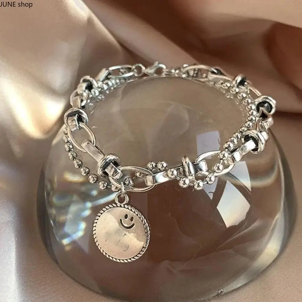 Elegant Chain Jewelry Bracelets & Bangles for Women, Double-Layered Design with Interlocked Links and Smiley Face Pendant for Parties, Playful Look