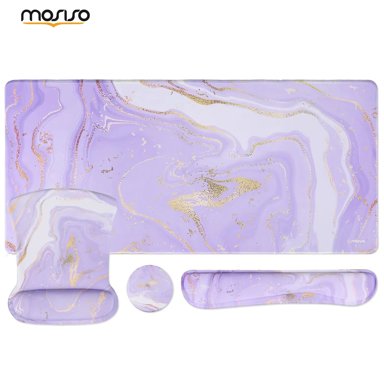 MOSISO Desk Pad Mat Keyboard Mouse Pad Set,Large Gaming Mouse Pad&Keyboard Wrist Rest&Mouse Pad with Wrist Rest&Coaster,Ergonomic Home Office Non-Slip Pad with Memory Foam, Purple Water Ripple Marble