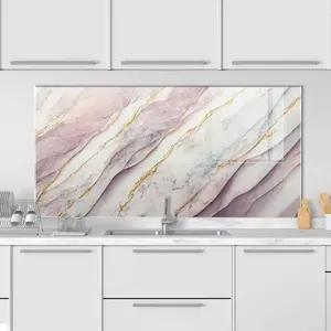 GCKG Luxury Pink and white gold marble texture design Tempered Glass Kitchen Backsplash, Stove Back Cover, Stove Splashback, Cutting Board, Kitchen Wall Decor
