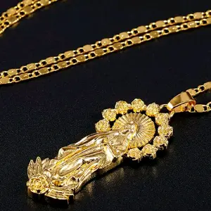 Gold Tone Stainless Steel Mary Pendant Necklace 20" with Elegant Floral Accents & Secure Chain for Versatile Wear