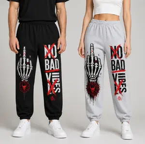 Anti Social Graphic Sweatpants, No Bad Vibes Skeleton Middle Finger Joggers, Edgy Streetwear Pants, Black Gray Baggy Lounge Sweatpants, Y2K Grunge Punk Casual Jogger Pants, Funny Sarcastic Unisex Gift for Men Women
